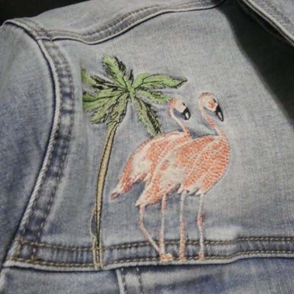 CHICO'S | size 3 | Button-Up Front Blue Denim Jacket | Flamingo Front and Back - Picture 6 of 16